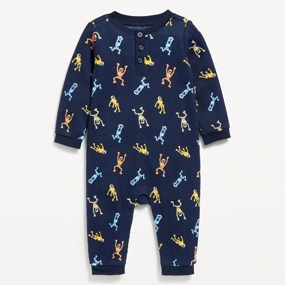 Printed Long Sleeve Thermal Knit Henley One Piece - Skeleton